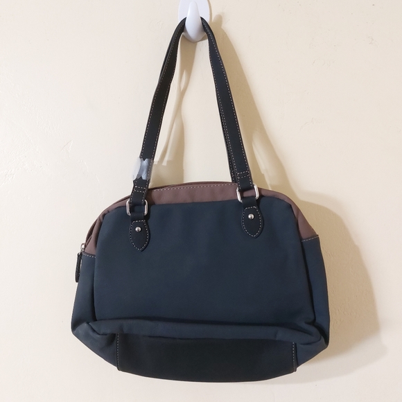 Soft Faux Leather Small Navy Blue Black Tan Colorblock Utility Handbag Purse - Picture 6 of 11